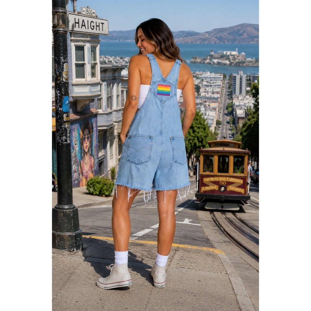 Levi's Pride Denim Shortalls Women Large Light Wash Rainbow Patch Raw Hem